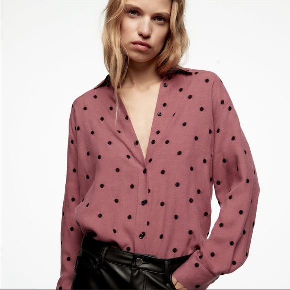 Zara Tops - Zara Women’s Contrast Polka Dot Button Down Long Sleeve Shirt Size XS